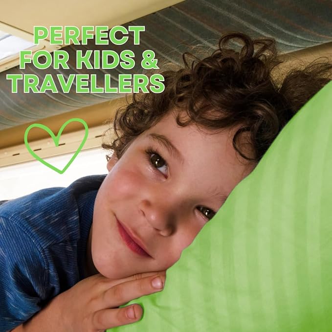 kinder Fluff Children Pillow (2Pack) 14x20in - Junior Pillows for Kids Age 4+, 100% Cotton Sateen Stripes Shell 300T, Down Alternative Fill, Machine Washable - Children & Travel Cushion - Green - M