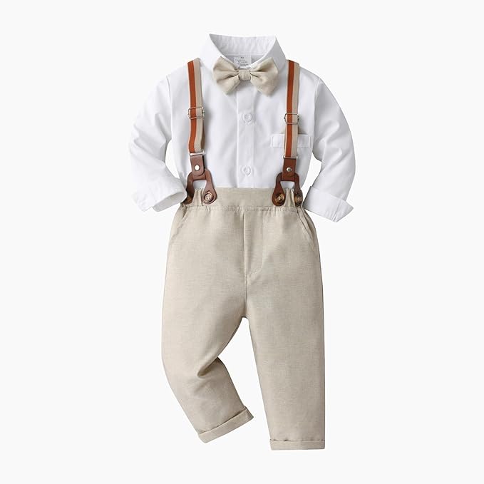 Boarnseorl Baby Boys Pants Sets,Toddler Gentleman Outfits, Infant Long Sleeve Shirt + Pants + Bow Tie + Suspenders