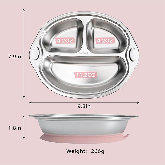 MR. CHOU Stainless Steel Divided Toddler Plate, Suction Baby Plates for Baby & Toddler, Dishwasher Safe, Pink