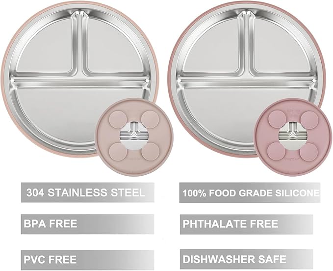 PandaEar Baby Feeding Set 4 Pcs, 2 Pack Stainless Steel Suction Plates & 2 Pack Spoons Set, Divided Plates for Baby Led Weaning Supplies, BPA-Free (Dark pink/Light pink)