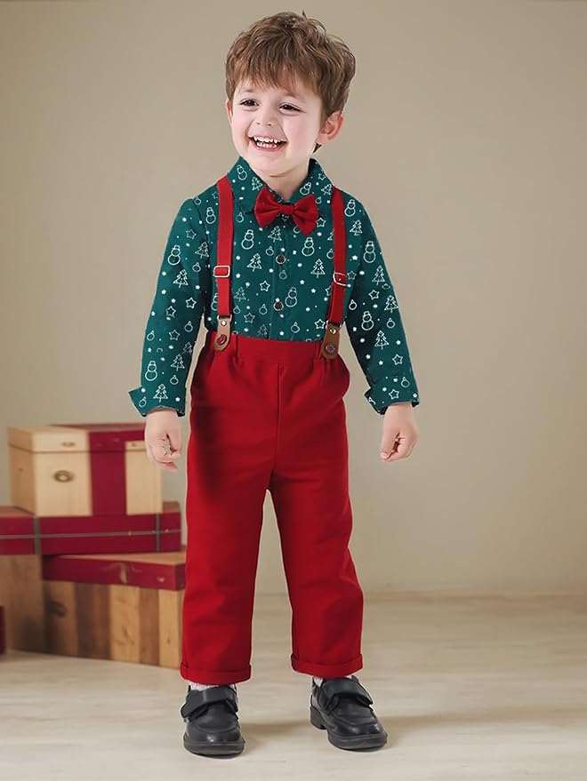 Boarnseorl Baby Boys Pants Sets,Toddler Gentleman Outfits, Infant Long Sleeve Shirt + Pants + Bow Tie + Suspenders