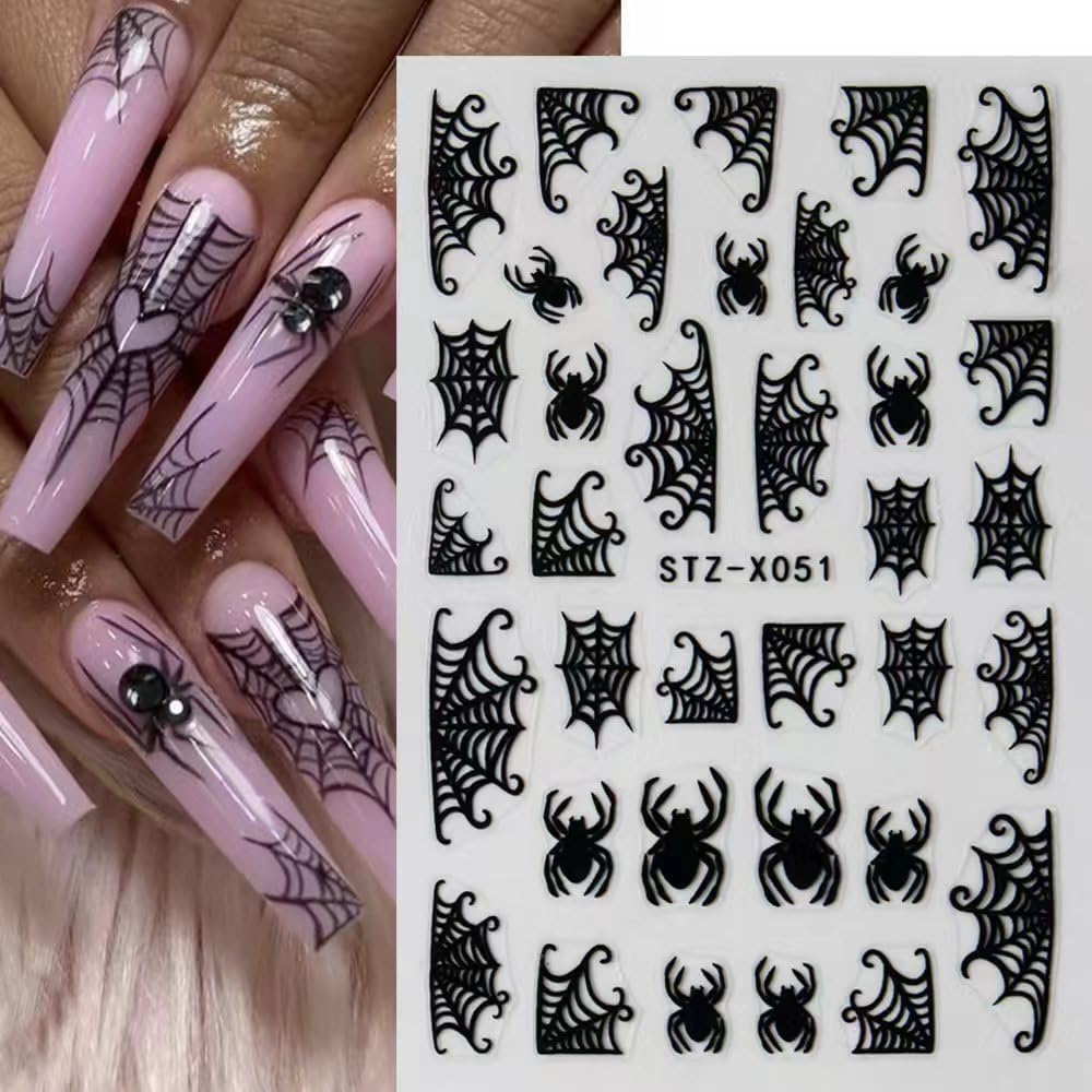 6Pcs Halloween Nail Stickers Spider Web Nail Decals DIY Self Adhesive Cobweb Nail Design Halloween Nail Decoration Supplies Holiday Manicure Accessories for Women