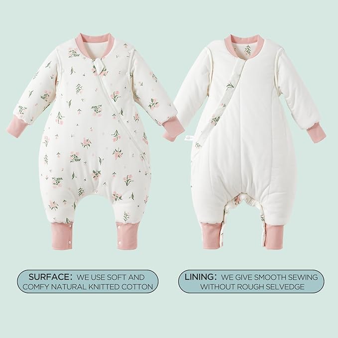 Duomiaomiao 3.5 TOG Toddler Sleep Sack 12-24 Months 100% Cotton Winter Side Open Zipper Baby Sleep Sack with Feet, Warm Toddler Wearable Blanket
