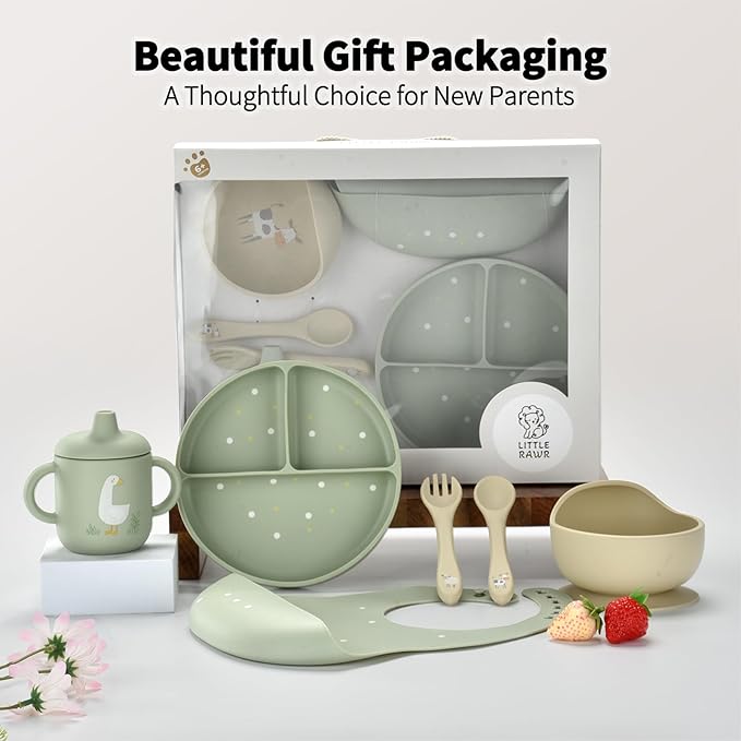 Little Rawr Baby Led Weaning Bundle, 100% Silicone Baby Feeding Set Includes Divided Plate, Suction Bowl, Straw Cup, Bib, Spoon & Fork, Develops Self Feeding Skills, Dishwasher Safe (Green)