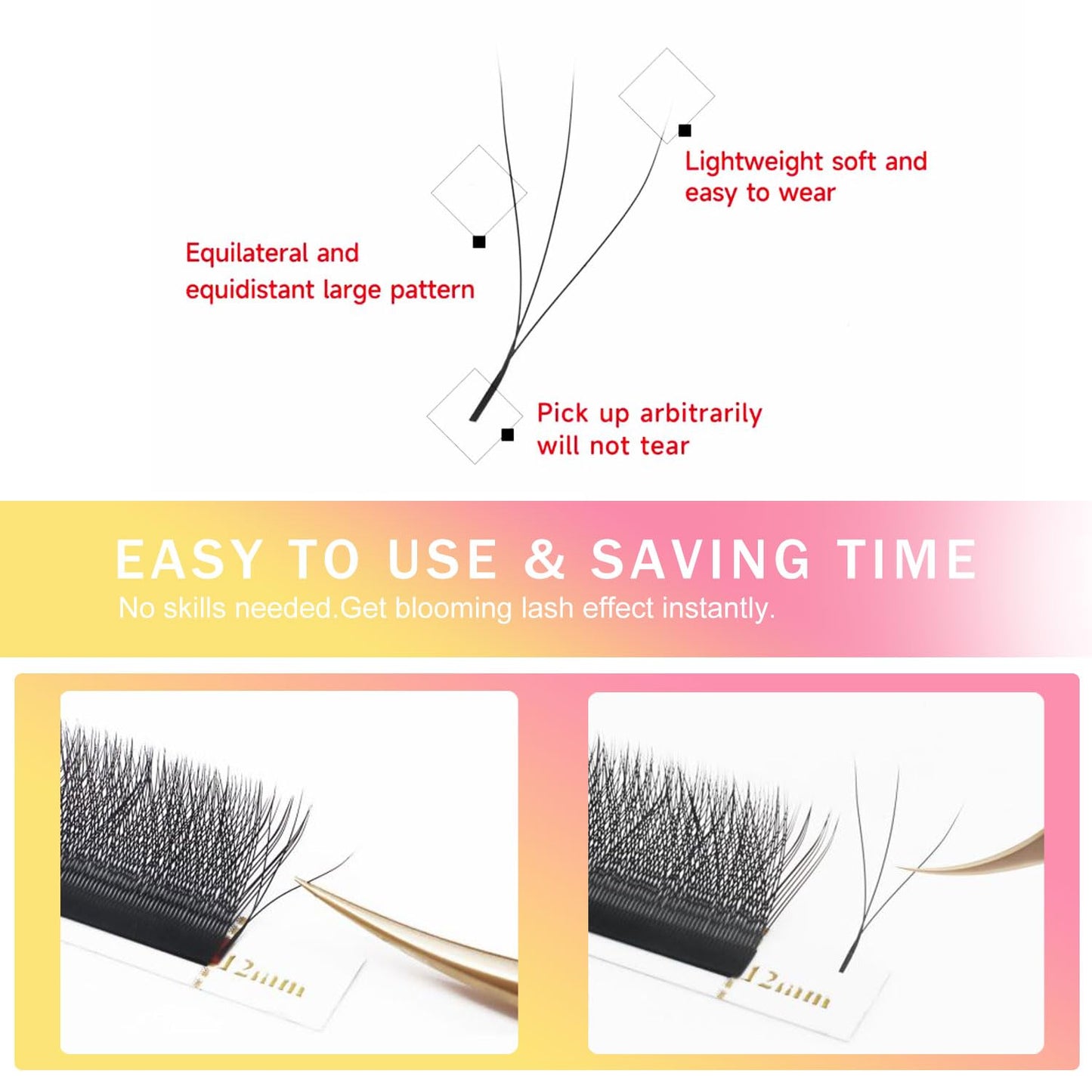 W Lash Extensions Supplies 3D Eyelash Extensions W Shape 0.07mm Thickness C Curl 12mm Premade Fans Easy Fan Lashes Volume Matte Black 12 Rows Crisscross Eye Lashes(W-3D-0.07-C,12mm)