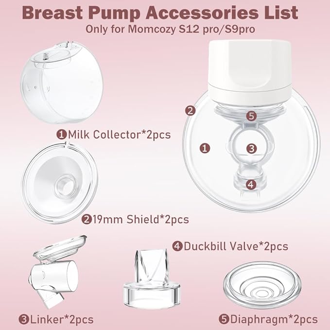 Two Full Milk Collector Cup Sets with 19mm Flange Compatible with Momcozy S12 Pro/S9 Pro Breast Pump, NOT for S9/S12, Replacement Pump Parts with Duckbill Valve, Flange, Diaphragm, Linker, Collector