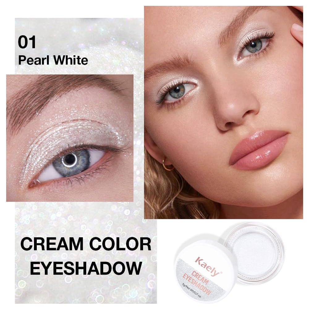 Kaely Single Cream Eyeshadow Pot, Pearl White Sparkle Eye Shadow for Older Women High Pigmented Waterproof, Natural Eyeshadow Palette Makeup Brightener, sombras en crema para ojos, Blendable, 01