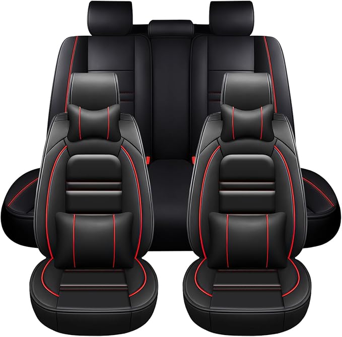 Car Seat Covers for Dodge ram 2004-2011 | 5-Seats Seat Covers, Waterproof Seat Protectors, Automotive Seat Covers (Full Set with Pillow,Black&Red Line)