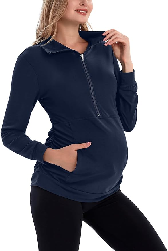 GINKANA Maternity Women's Long Sleeve Shirt Half Zipper Lapel Lightweight Casual Maternity Pullover with Pockets
