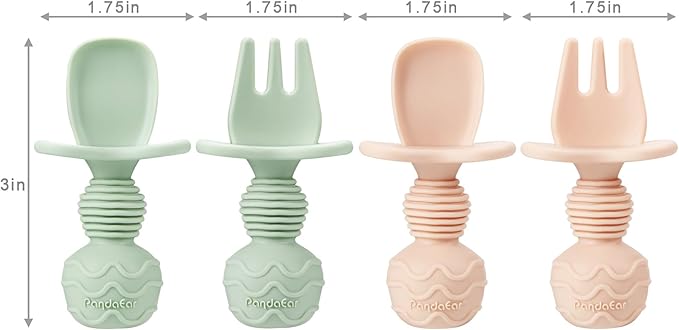 PandaEar 2 Pack Silicone Suction Plates for Toddlers Baby with 4 Spoons Self Feeding, Divided Unbreakable Toddler Plates with Suction, Baby Plates and Utensils Set, Baby Dishes, Green Crab & Pink Bee