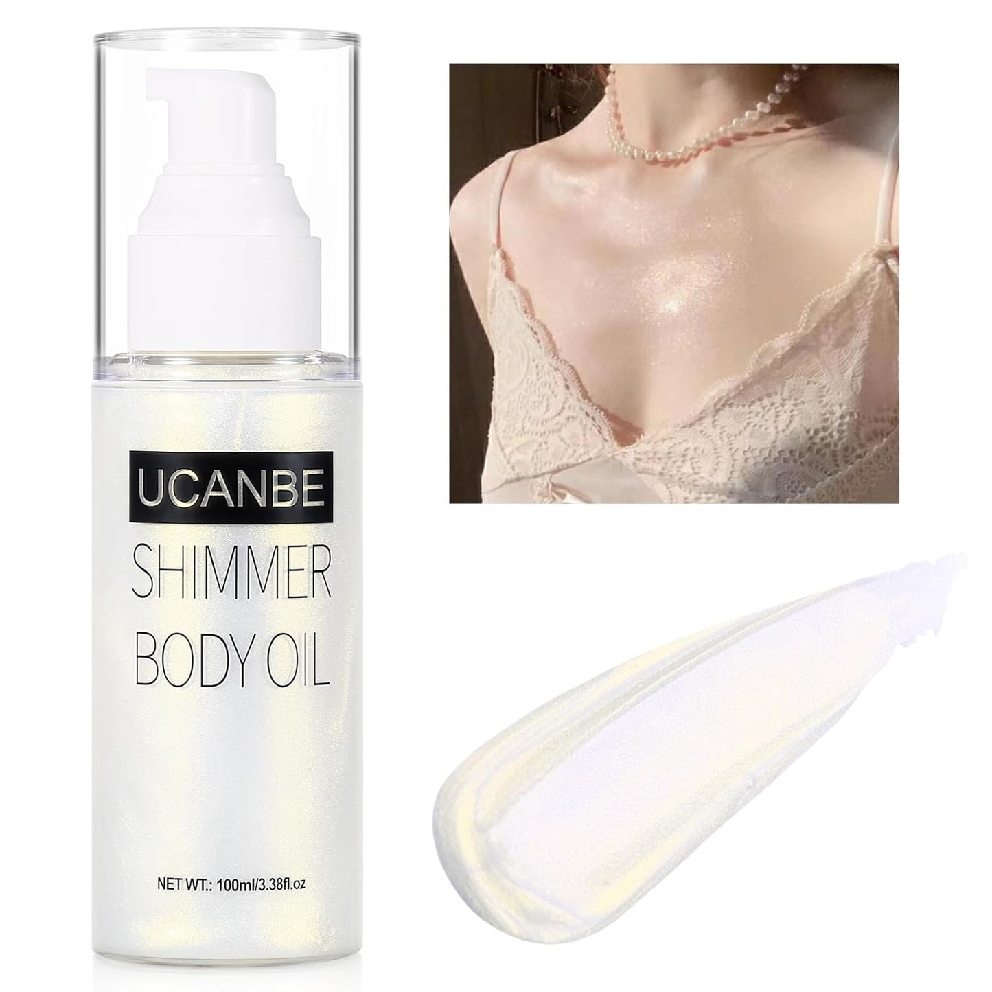 UCANBE Body Shimmer Oil 100ml, Moisturizing Face Body Glow Glitter Oil, Waterproof Shimmering Body Luminizer Liquid Illuminator Highlighter, Tinted Shimmer Body Lotion Glowing Bronzer Makeup(Silver)
