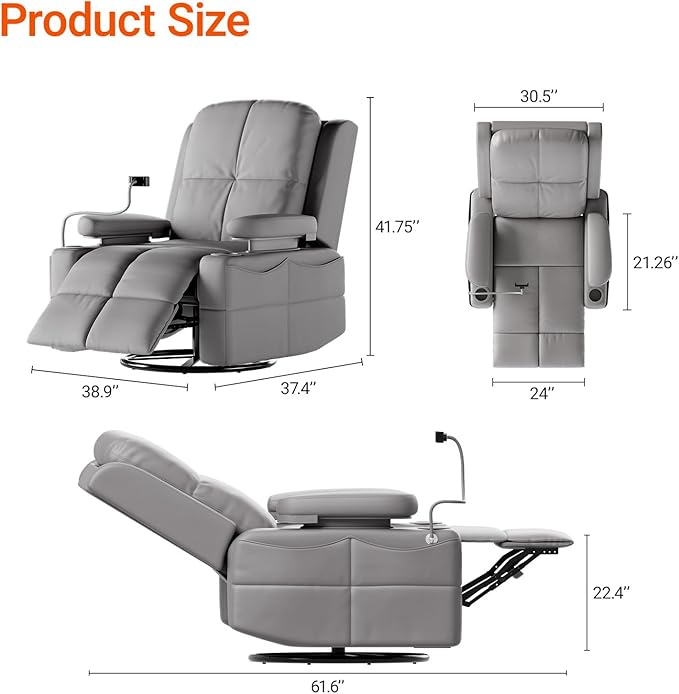 MAMAZING Oversized Rocking Chair Nursery with Adjustable Armrests, Electric Glider Recliner Nursing Chair for Breastfeeding, Power Swivel Recliner Chairs, Oeko-TEX & FSC Certified(Urban Gray)