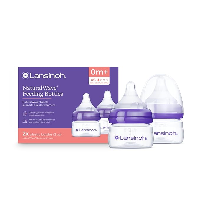 Lansinoh Anti-Colic Baby Bottles for Breastfeeding Babies, 2 Ounces, 2 Count, with 2 Extra Slow Newborn Flow Nipples, Size XS