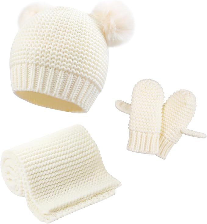Duoyeree Baby Winter Hat Scarf Glove Beanie Set Girls Boys Pom Pom Knitted Beanie Mitten Scarves for Toddler 0-3T