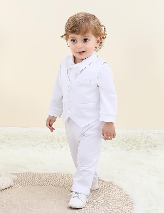A&J DESIGN Baby Boy Suits Clothes Infant Toddler Formal Gentleman Outfits, Dress Shirt + Vest + Bow Tie + Pants Wedding Set