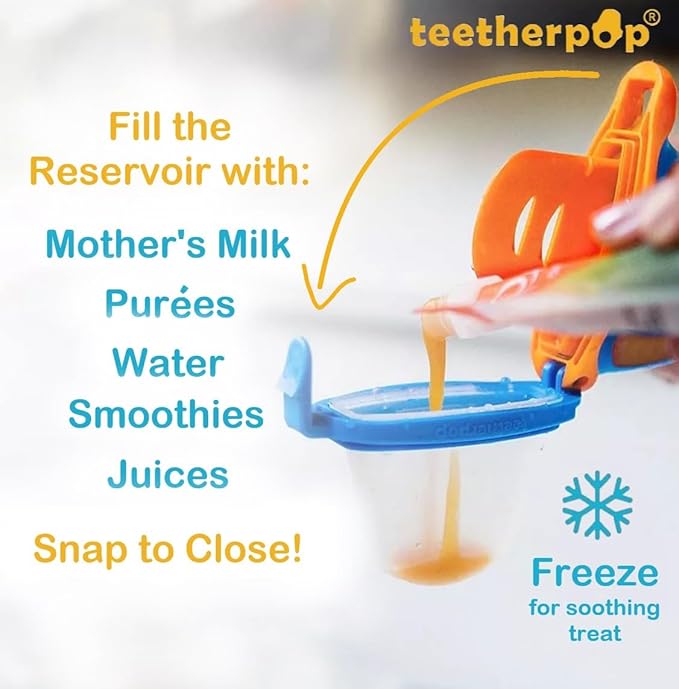 Teetherpop Fillable Silicone Teether for Babies – Breastmilk Popsicle Molds for Teething with Spill-Proof Sippy Slits – Freezable Baby Teethers for Liquids & Purées - Cool Relief (PinkLimon & Fuchsia)