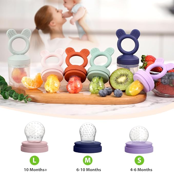 Bessentials Bunny Baby Fresh Fruit Food Feeder - 2 Pack Silicone Mesh Feeders for Infant Safe Self Feeding |3 Sizes Food Pouches Included| Suitable for Baby 4m+ (Light Pink & Grass Green)