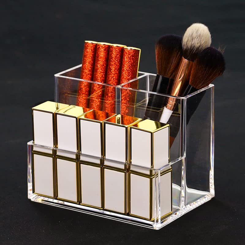 Acrylic Makeup Organizer Cosmetic Storage Makeup Display Case Makeup Brush Holder Lipstick Dispenser Canister Bathroom Container (5.1 x 3.5 x 3.9 in, 3 Partitions, Transparent)