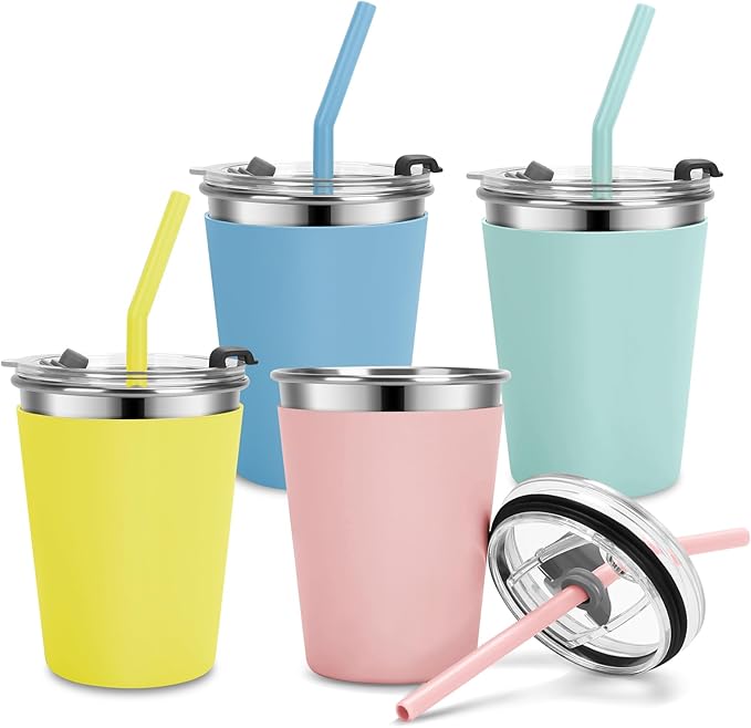 Kids Cups with Straws and Lids Leak Proof, 12oz Sippy Cups for Toddlers 1-3, 4 Pack Toddler Cup Spill Proof Stainless Steel Kids Cups with Lids for School, Outdoor