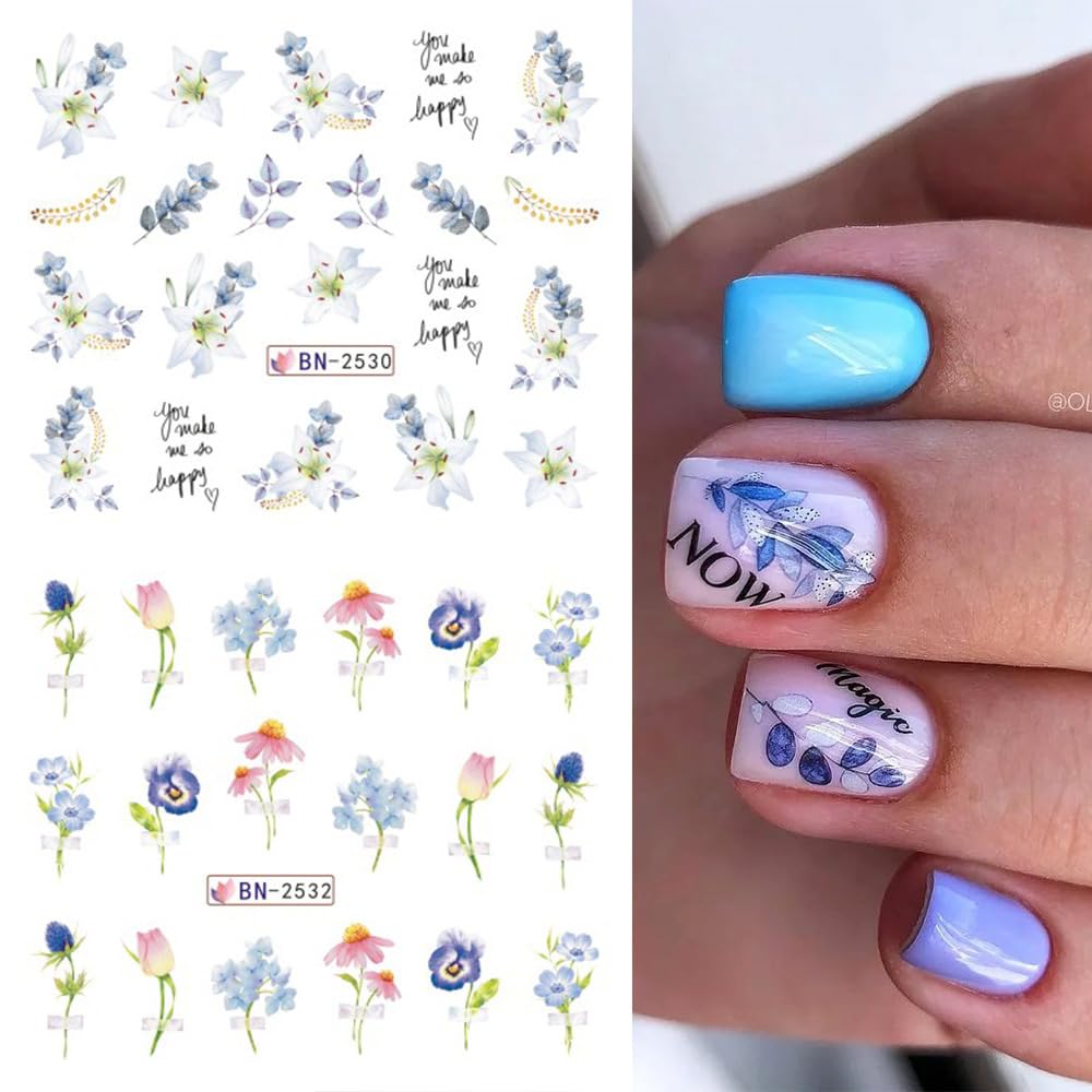 12 Sheets Flower Water Transfer Nail Stickers Purple Fresh Flower Nail Art Decals with Assorted Pattern Blossom Floral Butterfly Dragonfly DIY Nail Art supplies for Women Nail Decorations Manicure Tip