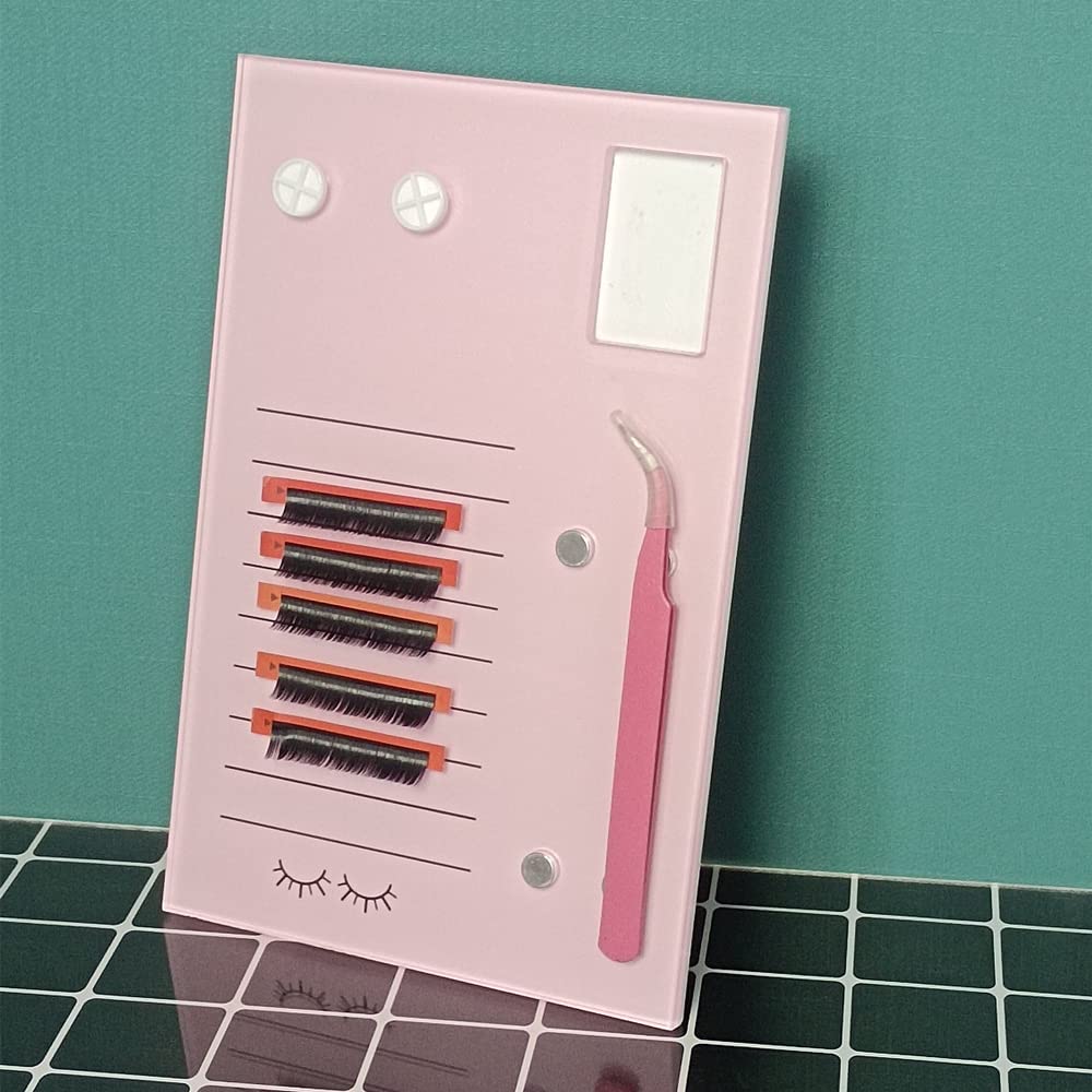 Grafting False Eyelash Acrylic Extension Pallet, Eyelash Extension Glue Tweezers Plate Pad Makeup Palette Individual Training Tools (Pink (7.87x5.12in))