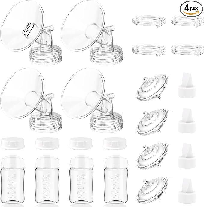 4packs 25mm Full Breast Replacement Pump Parts for Spectra S1 S2 9 Plus Synergy Gold Include 13mm Flange,Valve,Backflow Protector,Tube,Bottle,Caps, Fit for Motif Luna Cimilre Ameda MYA Pump