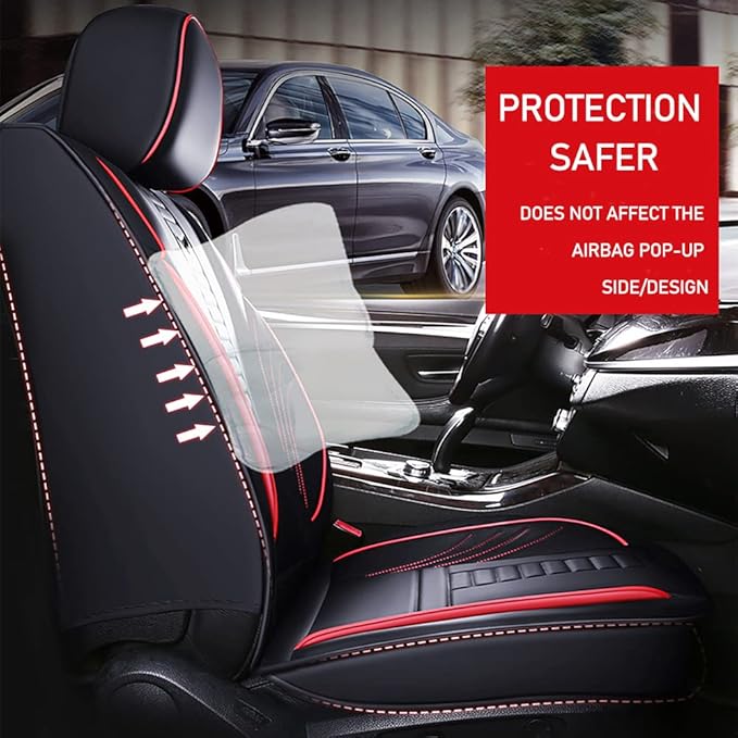 Waterproof 5 Car Seat Covers for Suzuki 1999-2025 95% Models, Premium Faux Leather Automotive Front and Back Seat Protectors Compatible with Airbag Black & Red Line
