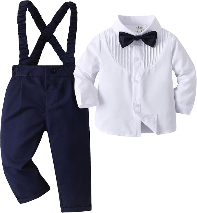 Boarnseorl Baby Boys Pants Sets,Toddler Gentleman Outfits, Infant Long Sleeve Shirt + Pants + Bow Tie + Suspenders