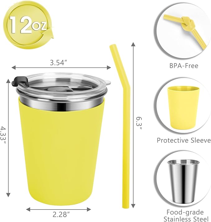 Kids Cups with Straws and Lids Leak Proof, 12oz Sippy Cups for Toddlers 1-3, 4 Pack Toddler Cup Spill Proof Stainless Steel Kids Cups with Lids for School, Outdoor