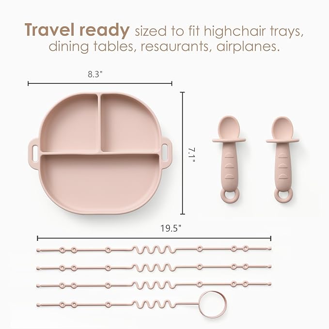 Andy Bear Silicone Plates for Babies with Suction Divided Baby Spoons Silicone Baby Toy Straps All-in-one Plates Silicone Placemat for Babies Toddlers Attachable Tethers & Built-in Suction Cups-Ivory