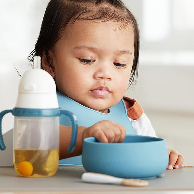 NumNum Baby Bowl & 2 Pack GOOtensils Baby Spoons, Suction Bowls for Baby 4+ Months, Extra Strong Non-Slip Suction, 100% Food-Grade Silicone, BPA-Free, Microwave & Dishwasher Safe (Blue/Green)