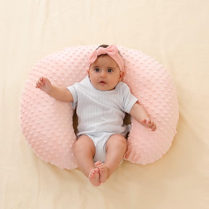 Nursing Pillow and Positioner, Breastfeeding, Bottle Feeding, Baby Sitting Support with Removable Ultra Soft Cover, Tummy Time Support for Baby Boys and Girls (Lightpink)