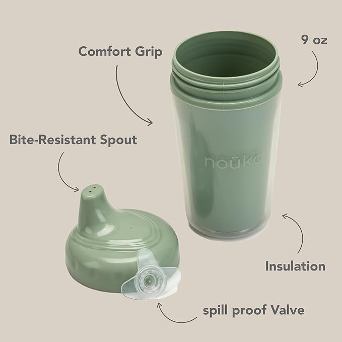 nouka Insulated Non-Spill Sippy Cup | Leak Proof and Easy Grip | Keeps Drinks Hot or Cold | Moss