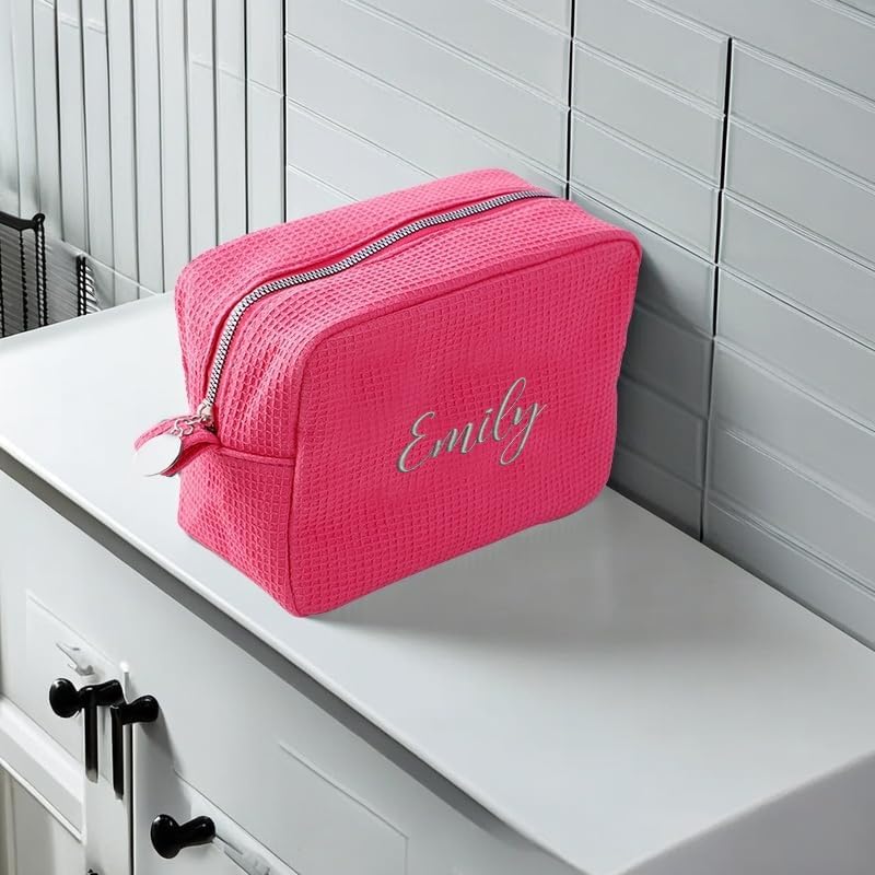 GOPHIE Personalized Embroidered Makeup Bag,Custom Waffle Fabric Cosmetic Pouch for Women, Travel Makeup Pouch (1, Hot Pink)