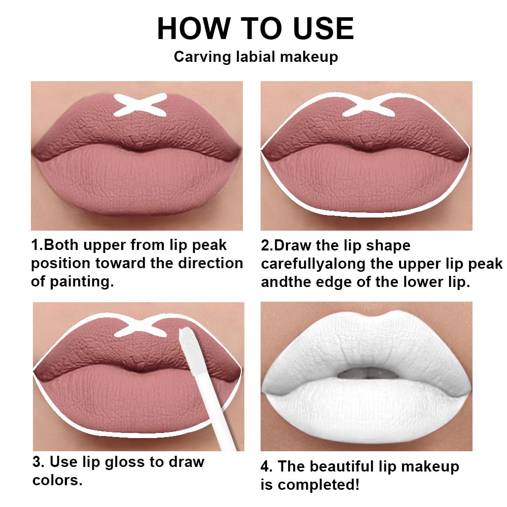 evpct 2Pcs White Matte Liquid Lipstick Lip Gloss Stain and Retractable Lip Liner Makeup Set for Women Long Lasting Waterproof 24 Hours Permanent Lipstick labial mate larga duracion 24 43#