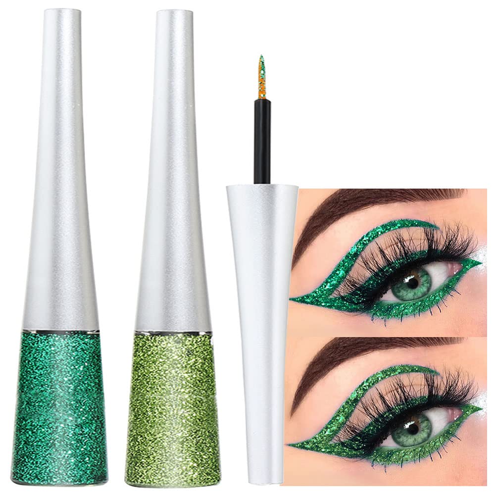 evpct 2Pcs Dark Light Emerald Green Glitter Liquid Eyeliner Makeup Sets Green Glitter Metallic Shimmer Eye Liner Pencil Liquid Eyeshadow for Women delineador con glitter de colores para ojos colores