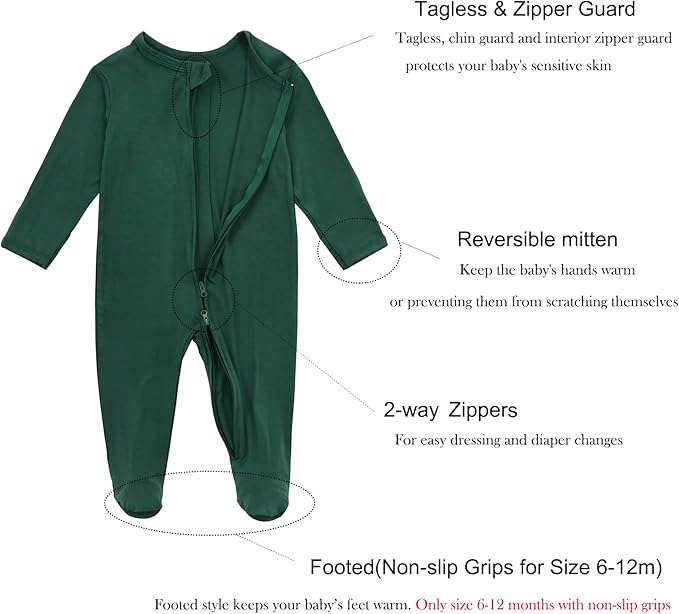 Aablexema Baby Zipper Pajamas Bamboo Rayon, 3pcs Unisex Infant Onesie with Mitten Long Sleeve Footed Pjs