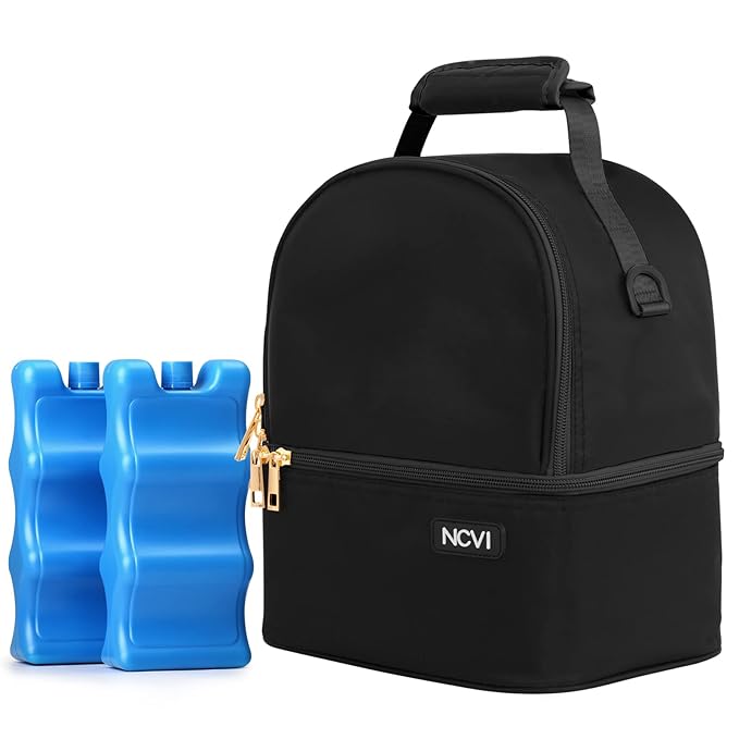 NCVI Breastmilk Cooler Bag with 2 Ice Pack, Breast Pump Bag with Cooler Fits 6 Bottles, Double Layer Breast Milk Baby Bottle Cooler Bag, for Travel, Nursing Mom Daycare, Work, Picnic (Black)