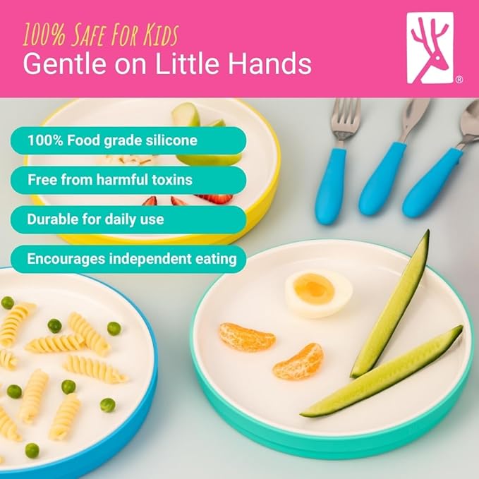 Elk and Friends Kids 7.8” Porcelain White Plates with Silicone Sleeves | Suitable for Babies/Toddlers | Microwave & Dishwasher Safe | Non Slip Dinnerware | Snack Dishes | 2 Pack
