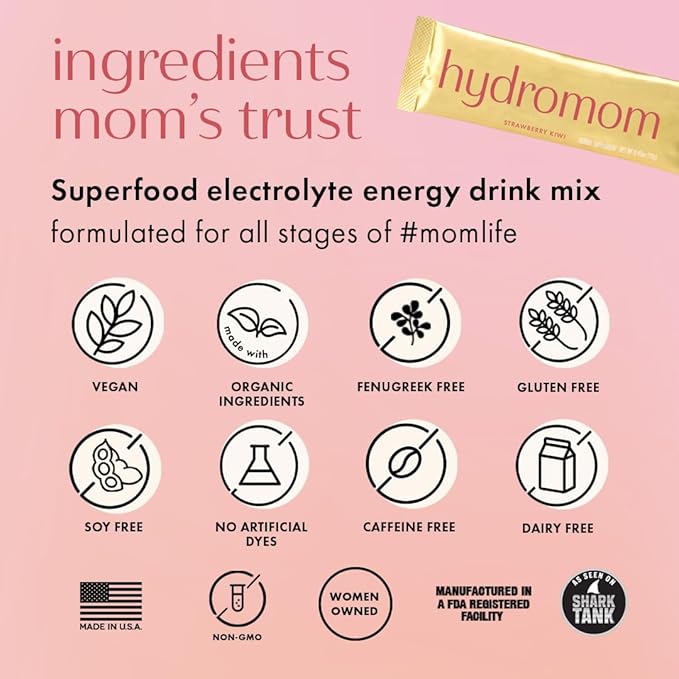 Boobie Hydromom Superfood Electrolyte Drink Mix, Strawberry Kiwi | Refreshing Energy & Hydration Boost for Mamas | On-The-Go & Travel Essentials for Pregnancy, Lactation, & Beyond, 10 Packets
