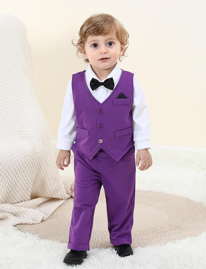 A&J DESIGN Baby Boy Suits Clothes Infant Toddler Formal Gentleman Outfits, Dress Shirt + Vest + Bow Tie + Pants Wedding Set