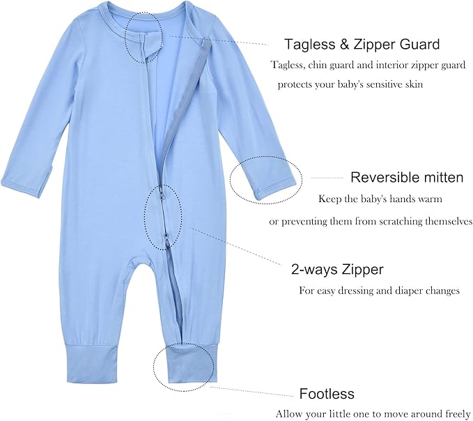 Aablexema Baby Footless Pajamas Zipper with Mitten, Rayon from Bamboo, Infant Long Sleeve Romper Pjs