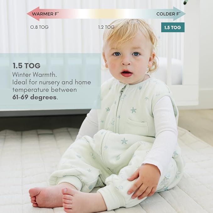 Tealbee Dreamsuit Toddler Sleep Sack with Feet – Walker Sleep Bag with Legs, Rayon made from Bamboo, Winter 1.5 TOG, 2-Way Zipper, 2T-3T - Seashell