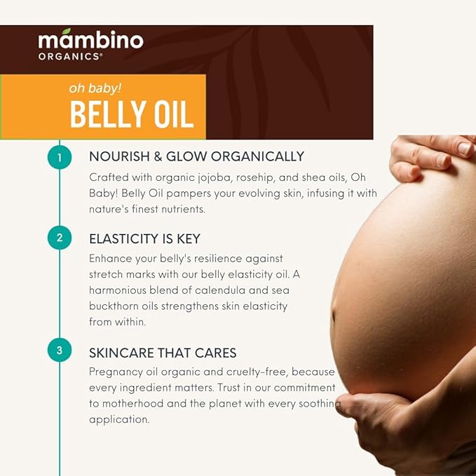Mambino Organics Oh Baby! Belly Oil for Pregnant Women, Organic Stretch Mark Oil for Pregnancy, Postpartum Skin Elasticity, Hydration, Tamanu, Shea Butter, Calendula, Vegan, Non-GMO, 4 fl oz, 2-Pack