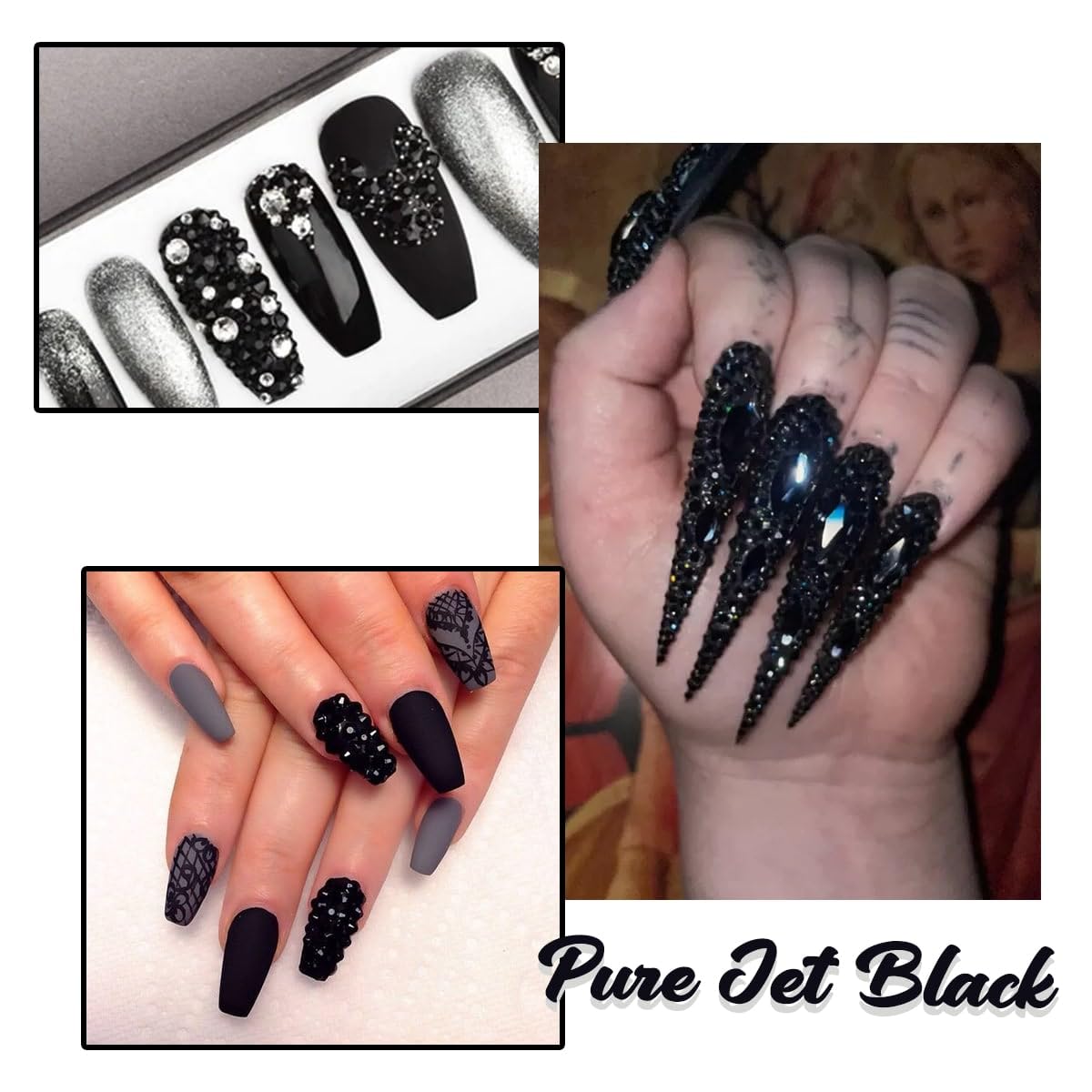 24 Styles Jet Black Nail Rhinestones Multi Shapes Flatback Gems Round Beads K9 Glass Crystals Stones Diamonds Jewels Nail Art Charms Supplies for Nails Face Eyes Makeup Crafts Tumblers Bottles