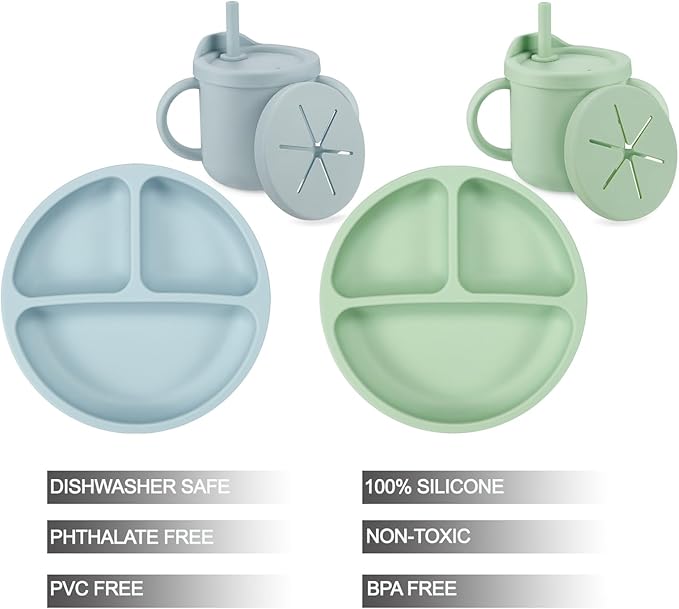 PandaEar Silicone Baby Feeding Set| 2 Pack Silicone Divided Suction Plate and 2 Pack Tiny Cup with 2 Spoons 2 Forks| Baby Led Weaning Supplies Self Feeding Eating Utensils (Light Blue/Light Green)