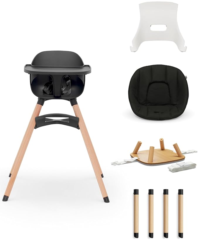 Lalo The 3-in-1 High Chair Kit - Convertible Wooden High Chair for Babies & Toddlers with Infant Support, Cushion, Booster Conversion Kit & Play Legs, Adjustable Footrest - Licorice