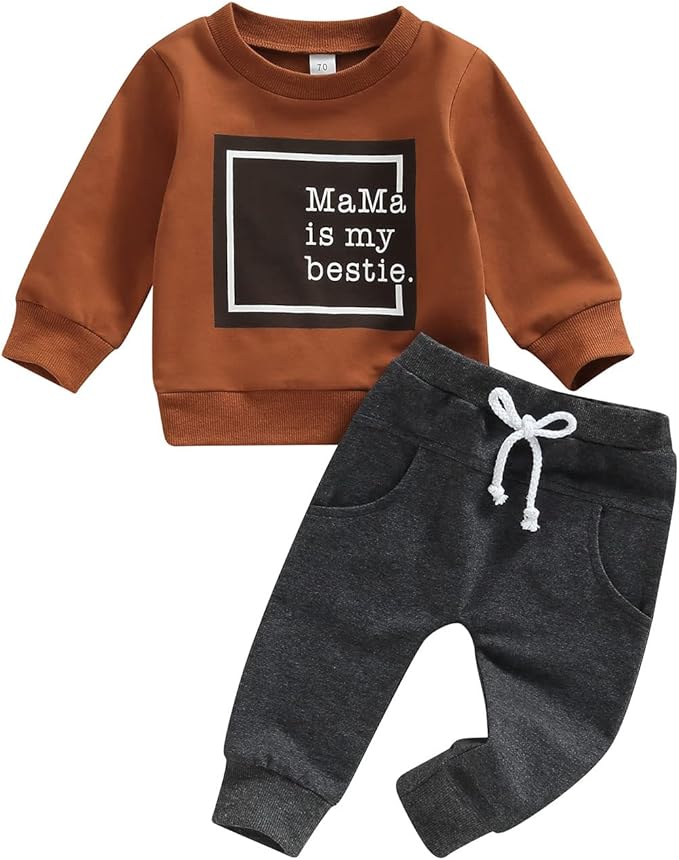 Toddler Baby Boy Clothes Solid Color Long Sleeve Crewneck Sweatshirt Top Casual Pants Set 2Pcs Fall Winter Outfits
