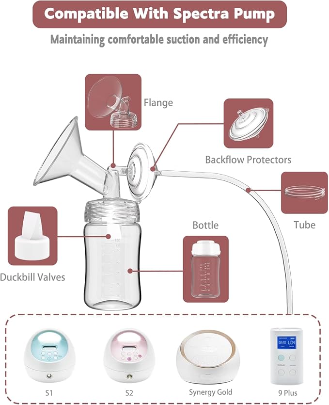 4packs 15mm Full Breast Replacement Pump Parts for Spectra S1 S2 9 Plus Synergy Gold Include 13mm Flange,Valve,Backflow Protector,Tube,Bottle,Caps, Fit for Motif Luna Cimilre Ameda MYA Pump