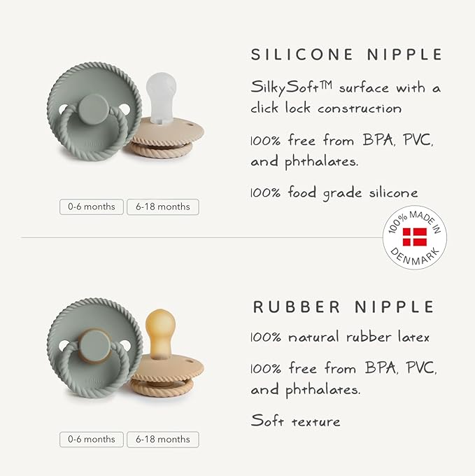 FRIGG Rope Natural Rubber Baby Pacifier | Made in Denmark | BPA-Free (Honey Gold/Portobello, 6-18 Months)